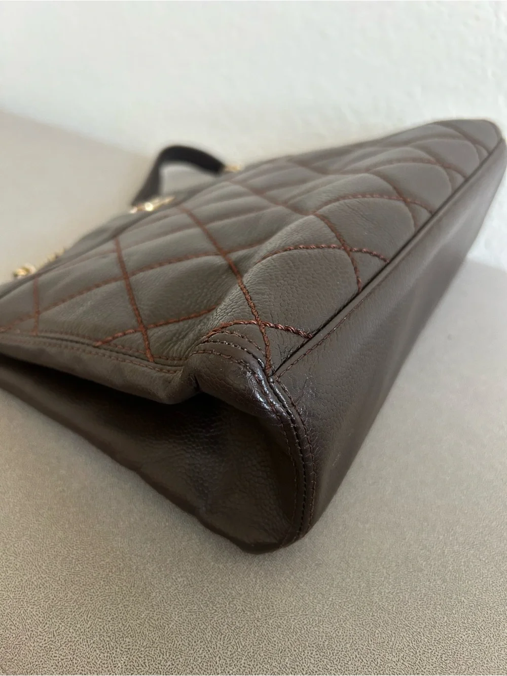 Chanel caviar leather quilted brown small tote handbag